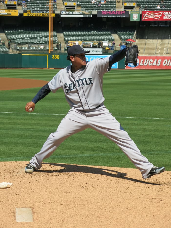 Former Seattle Mariners ace Felix Hernandez prepares for a 2014 road game.