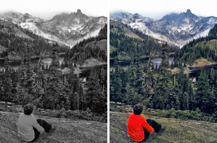 Notice how colorize photos effectively captured the greenery on the mountainside, the blue in the lake and mountains in the distance. It even gave the foreground subject's jacket a nice red tint!