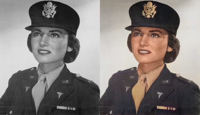 The artificial intelligence tinted this Army Nurse Corp's lips red, gave her a natural skin tone, and even added a gold tint to the badge on her cap