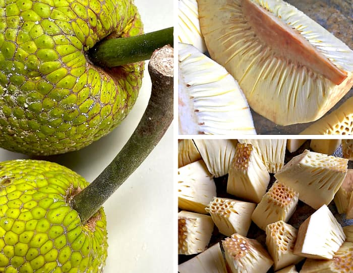 Breadfruit can be steamed whole (with skin), or cut into wedges or small cubes before cooking.