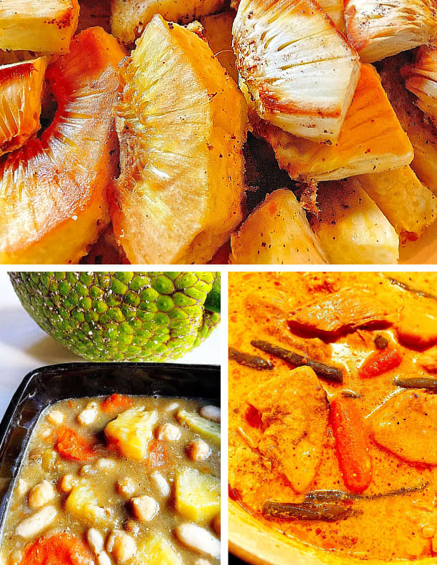 Top: Fried breadfruit sprinkled with sea salt. Bottom left: Breadfruit stew with beans, chickpeas, and carrots. Bottom right: Thai yellow curry with breadfruit instead of potatoes.