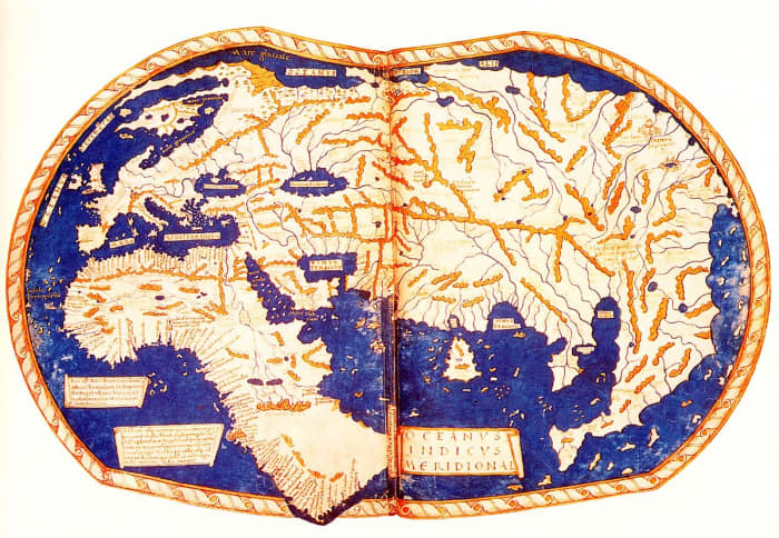 The world map, ca. 1489, by Heinrich Hammer. Note the large size of Asia and the lack of North and South America.