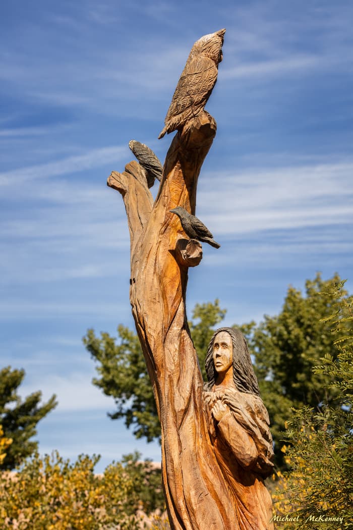 This chainsaw carving by Chavez depicts the folklore legend, La Llorona (The Weeping Woman). Over the years there have been many different stories about the peasant woman who killed her children out of jealousy over the affection they were shown.