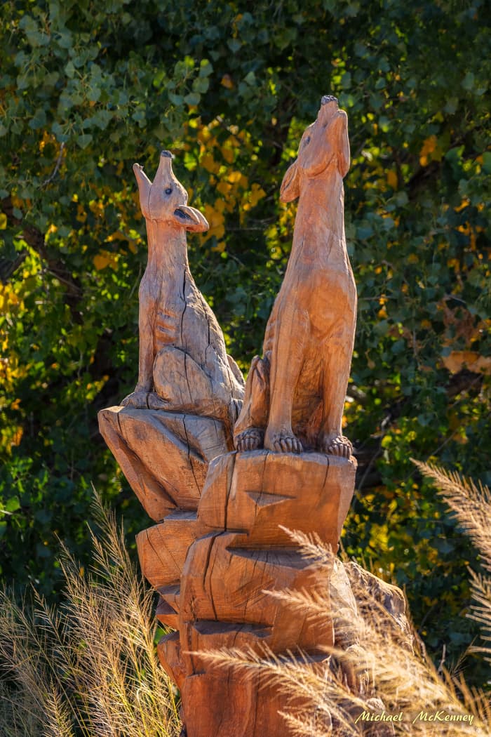This chainsaw sculpture by Mark Chavez depicts two wolves howling at the moon.