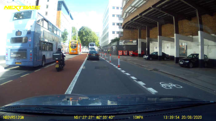 New road layout in Bristol City Centre for 2021. Bus lane on left, cars in the middle, and a new cycle lane on the right.