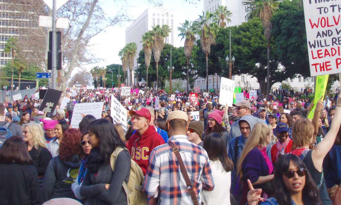 The first Women's March was in January 2017. This photo was taken in Los Angeles, where 750,000 women and men of all ages and colors showed up to declare their intention to protect the rights of women.