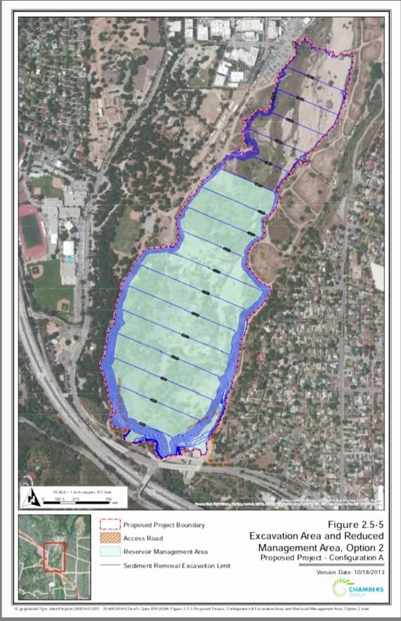 This shows how much the "Big Dig" was reduced due to public protest. Flood Control will be replacing the outlined greyed area with native plantings, along with building wildlife corridors and fish streams along the sides of the dig (light green).