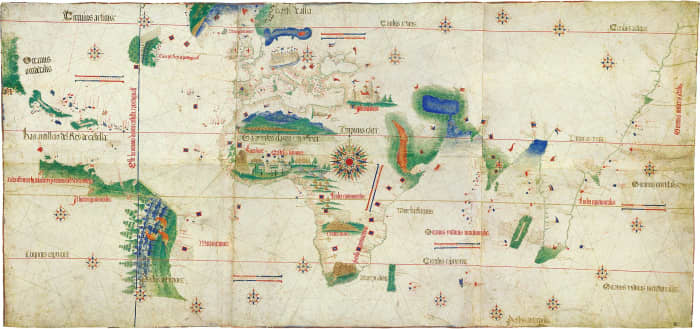 The Cantino World Map of 1502, the earliest surviving map of Portuguese and Columbus’s discoveries. The West Indies and the coast of Brazil on the left of the map.