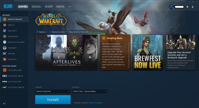 The Battle.net launcher makes it easy to install and update World of Warcraft.