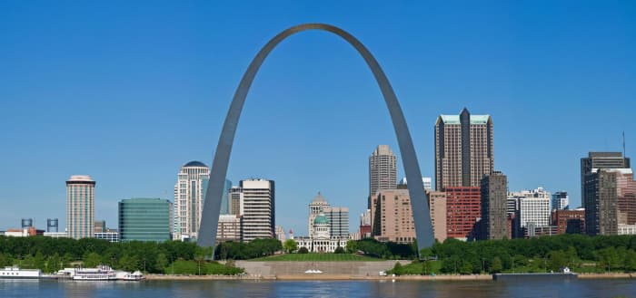 In 1965, the St. Louis Arch, “a spectacular 630-foot-high parabola of stainless steel” on the waterfront of St. Louis, was completed.