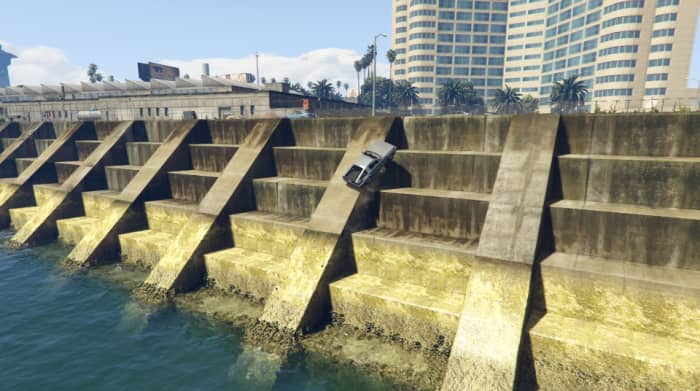 While in Hover Mode you can drive up this ramped sea wall, near the Airport, to get to the plane faster.