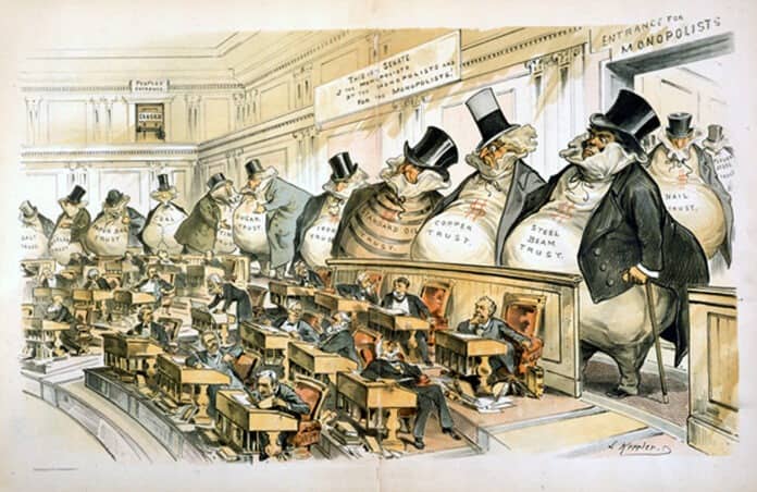 Joseph Keppler’s 1889 cartoon depicts senators under the watchful eye of their industrialist bosses.