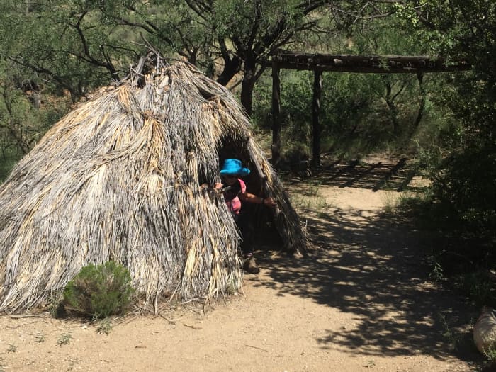 My wife emerging from replica of Apache hut on trail to Ft. Bowie National Historic Site. Native Pima Tribes welcomed arrival of Spanish who defended the Pima from the Apache invaders migrating from the north
