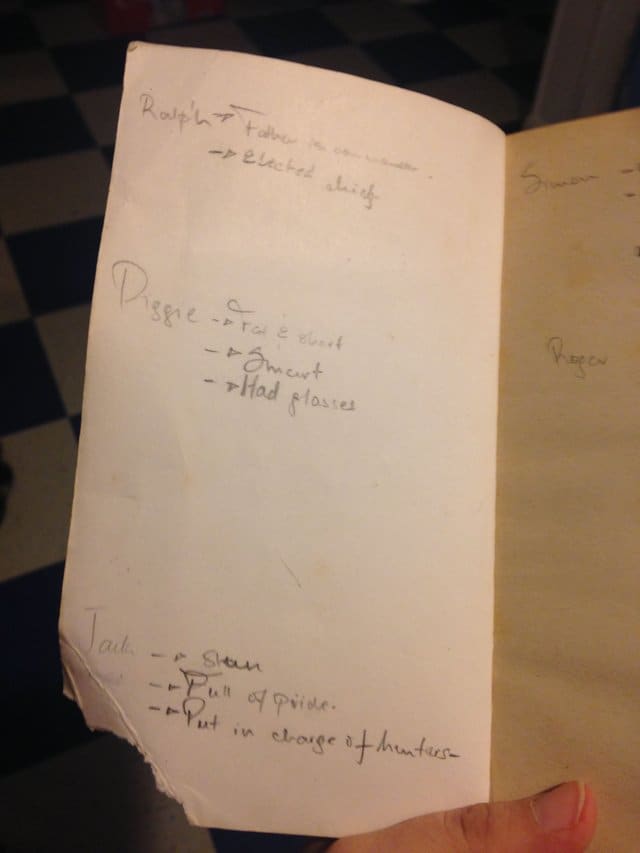 I like to write notes in my books. These are the three most important characters: Ralph, Piggy, and Jack.