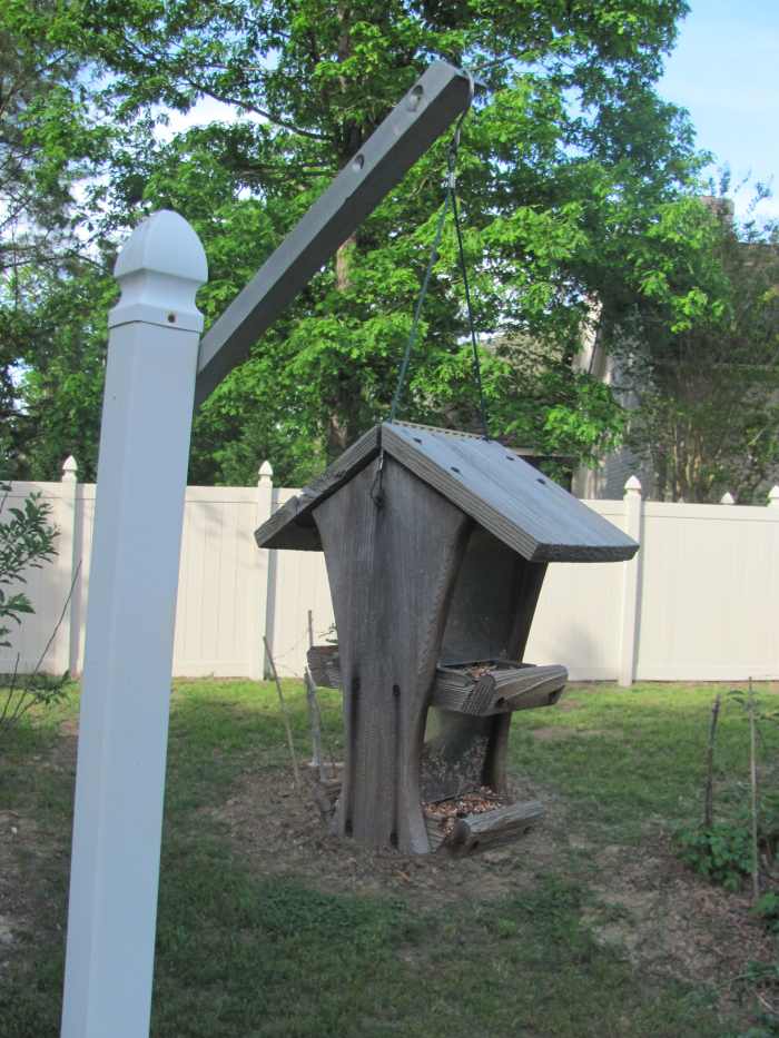 Even the bird feeder is a piece of Frugal Engineering. Its post is crafted from discarded fencing and a piece of metal. Smart!