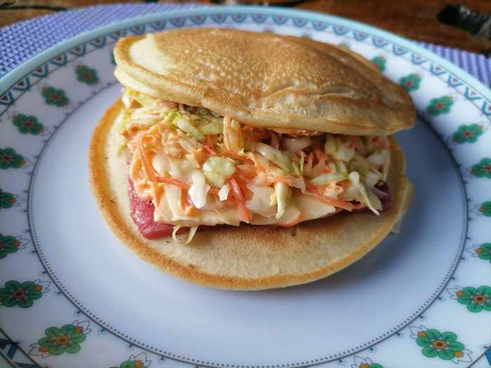 Ham and cheese pancake sandwich, ready to enjoy