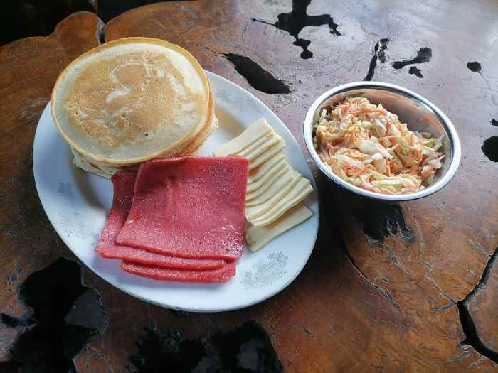 Ingredients for ham and cheese pancake sandwich