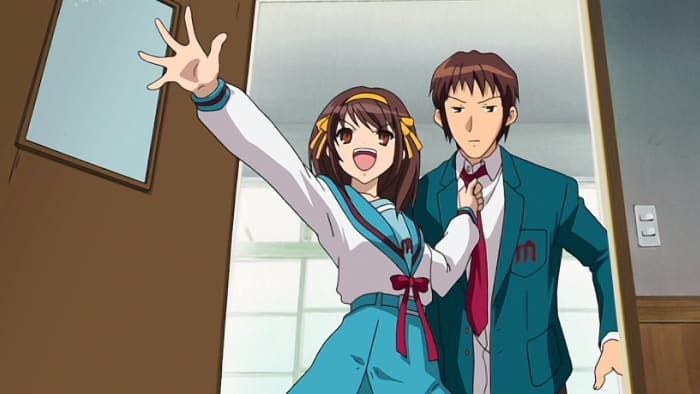 Haruhi literally drags Kyon to the first meeting of the SOS Brigade