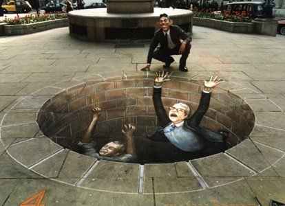 Commissioned by Britain's Channel 4 for its Midnight Special during the 1997 general election, Beever chose to draw "Politicians Meeting Their End" outside the Bank of England.