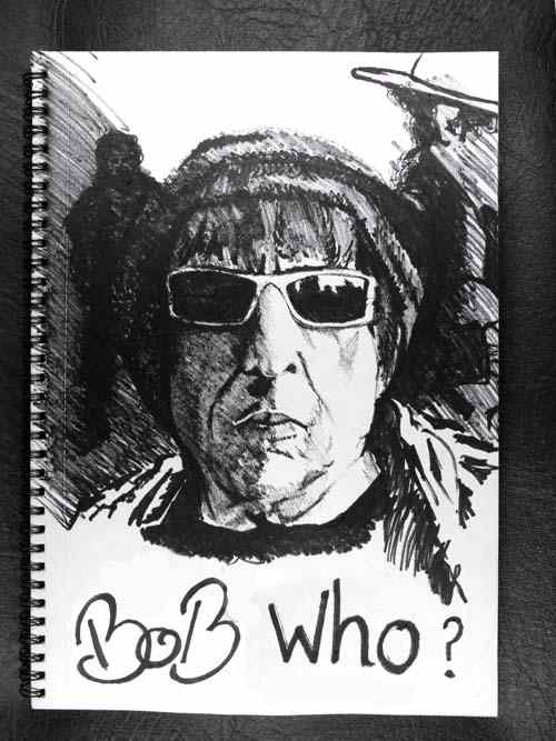 Above Bob Dylan 2009 is another sketch/drawing with marker pen and technical drawing pen 0.5 using a heavy hatching method.