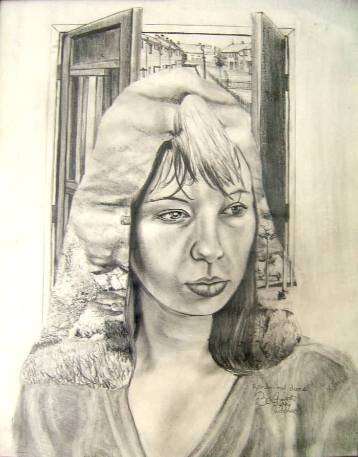 A pencil drawing using HB, 2B and 4B pencils on cartridge paper it incorporates tonal modeling, hatching and line tone techniques in the over all image.