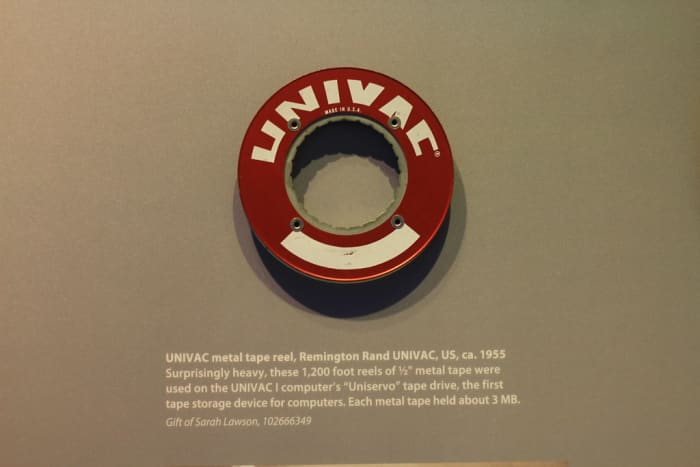 This is a UNIVAC I metal tape from 1955 that could store 3MB of data.