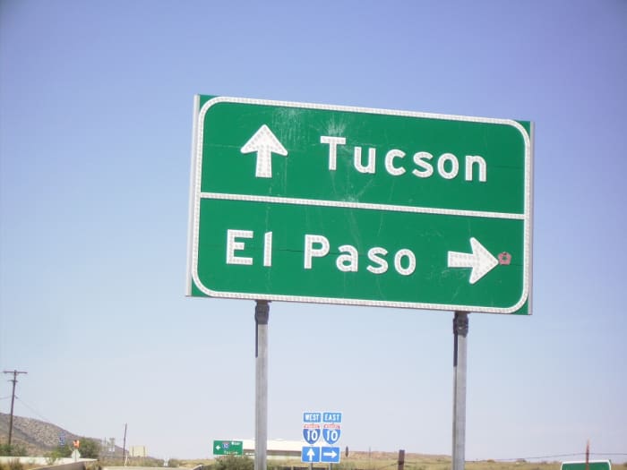 Tucson and El Paso, two of the bigger cities that the Texas Canyon rest stop on I-10 lies between.