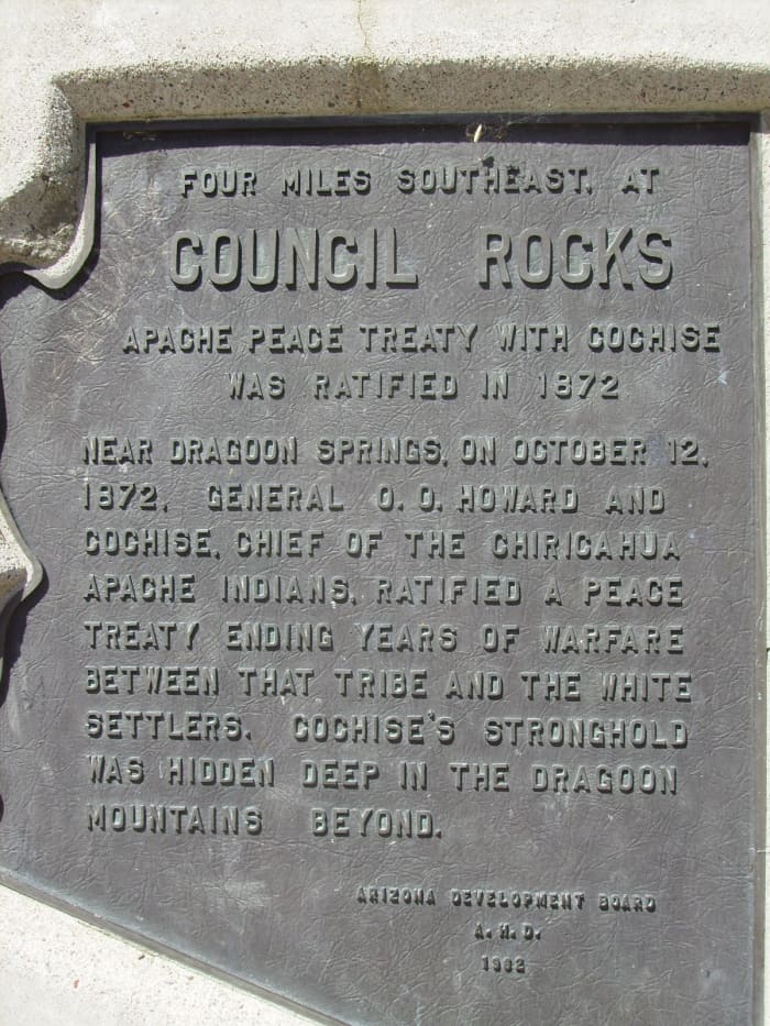 Historical Marker in Texas Canyon rest stop in Arizona, commemorating 1872 Council Rocks Peace Treaty with Chiricahua Apache Chief, Cochise.