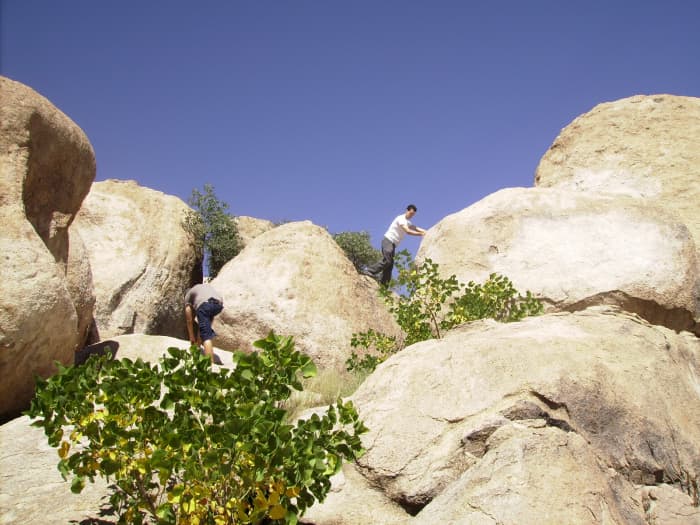 Climbing the boulders found in Texas Canyon Rest Stop along Interstate 10 in southern, Arizona.