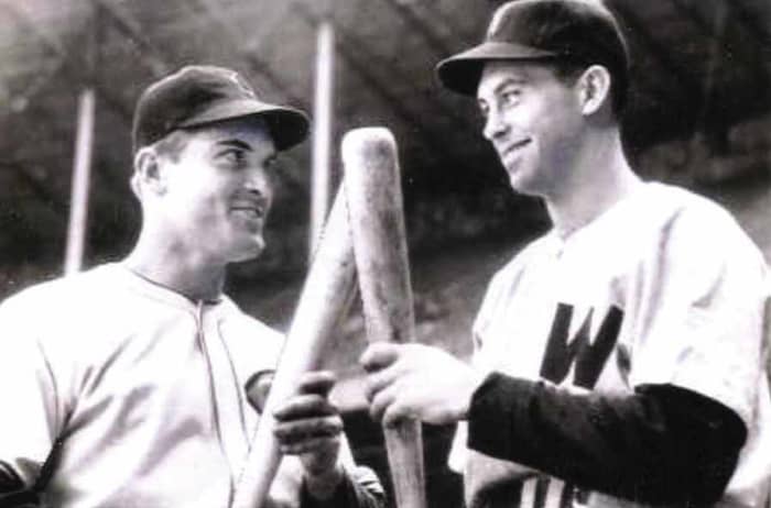 Jeff Heath of the Cleveland Indians (left) poses with Cecil Travis before a game on May 5, 1941. His ghost is often seen still watching the game