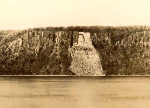 The "Hitler" face, c. 1941 on the Palisades of New Jersey as seen from the Hudson River. See upper left side of the rockslide. Another rockslide obliterated the face after WW II. (Photo by the Yonkers Ferry Corporation).