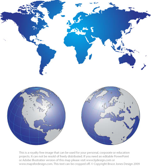 Combo graphic with a gradated World Mercator Projection Map in shades of blue, plus two Global projections below, North America and Europe with Africa, and Middle East. The maps are done in shades of blue and gray.