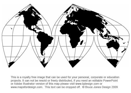 Sinusoidal 6 point map. Often call the Orange Peel map. The Sinusoidal map has the scale on the north-south and the east-west are the same throughout the map. Other names for the sinusoidal projection are Sanson-Flamsteed or Mercator equal-area proje