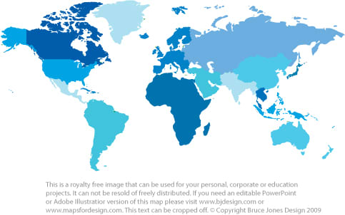 World Projection map from http://www.freeusandworldmaps.com. This maps is done in shades of blue showing individual regions of the world. FreeUSandWorldMaps.com hosts a wide variety of free, royalty free maps, including, World, US, States, County, W