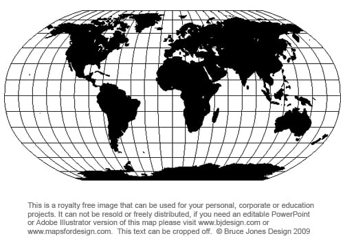 There are two main projections used for graphic map images. Mercator and Robinson. This is the Robinson map projection and is a projection that shows the entire world at once. It is seen as a fair compromise to showing the world as a flat projection.