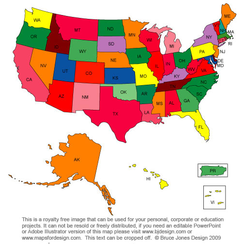 A free USA 50 state map with 2 letter state name. This map is royalty free and can be downloaded and used for your projects. To see more free royalty free maps check out www.freeusandworldmaps.com