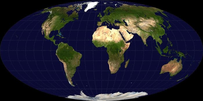 This is a Mollweide projection of the world. The maps is built from images collected by the Earth Observatory and NASA. This image is in the public domain.