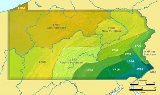 Map of lands purchased from Indigenous People in the East. Native Americans migrated into the Ohio Territory and farther to the West.