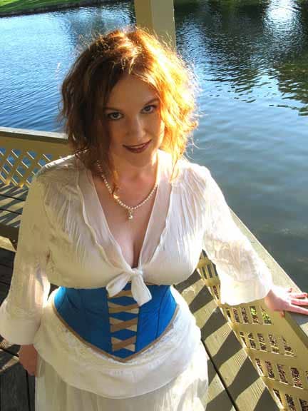 Model Lanette wearing a fabulous Teal Dupioni Silk Econo Waist Cincher with Gold Embellishments, Ribbons and Laces; Photograph by Christabel; www.cristable.livejournal.com