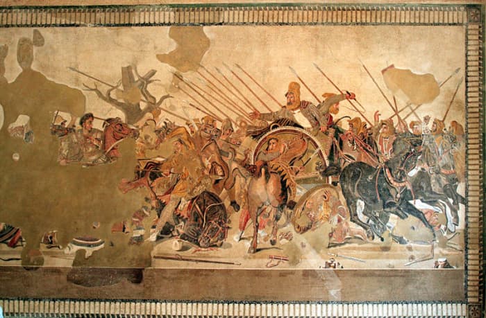 Mosaic recovered from Pompeii, Italy, depicting a battle between the armies of Alexander and Darius. Alexander can be seen on the far left, Darius (in chariot) in the center.