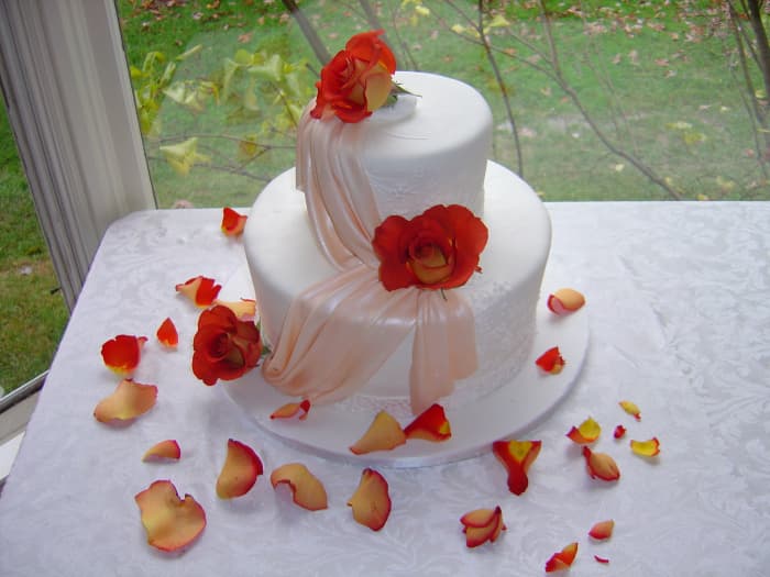 Our Thanksgiving Wedding Cake: German Chocolate w/ Chocolate Filling, Traditional White Fondant w/ Peach-color Sugar Sash, Terracotta Roses