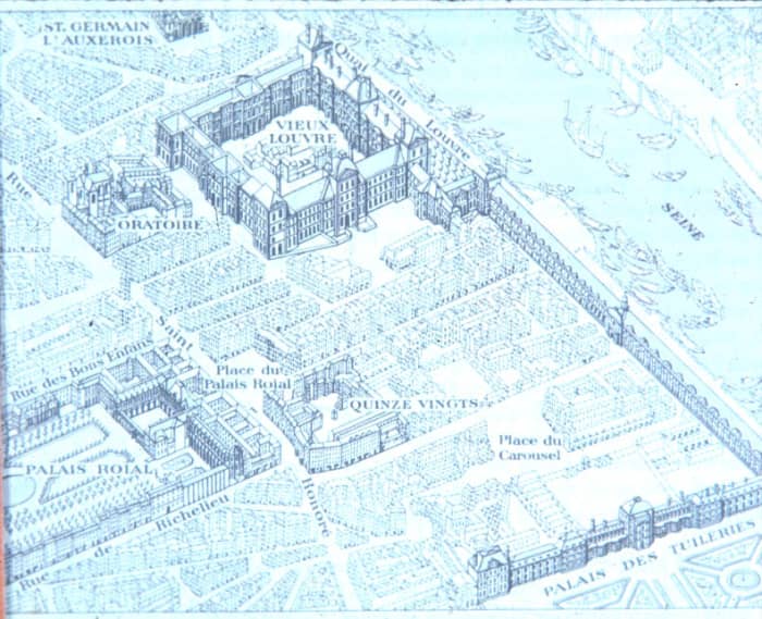 The "Quinze Vingts" was a hospital and welfare center for the blind and the Palais Royal was the home of the Bourbon Princes, cousins of the King and became in the 18th Century an open park with restaurants, puppet shows and meeting places for the ri