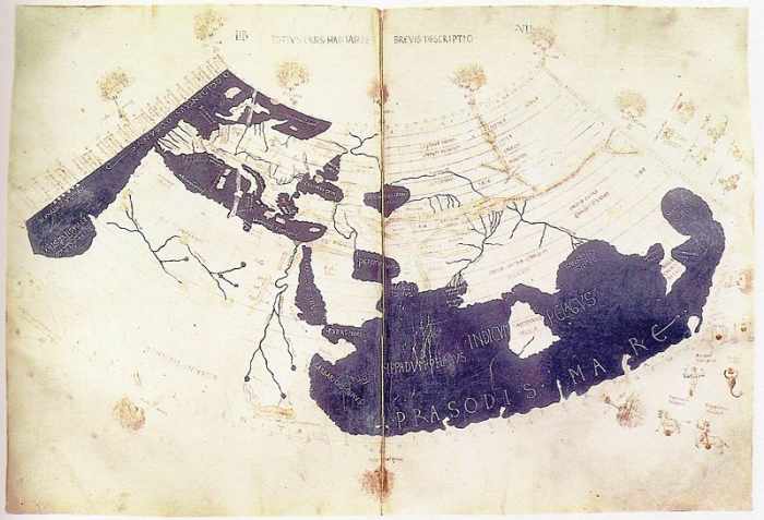 The Ptolemy World Map, 150 AD. This early pattern for the 1507 map was scrapped as a resource by the mapmaker.
