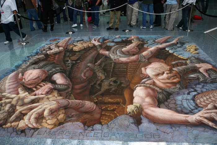 The motive was inspired from the action game, Gears of war, depicting locust and other Gears of War monsters coming up from a hole in the floor.