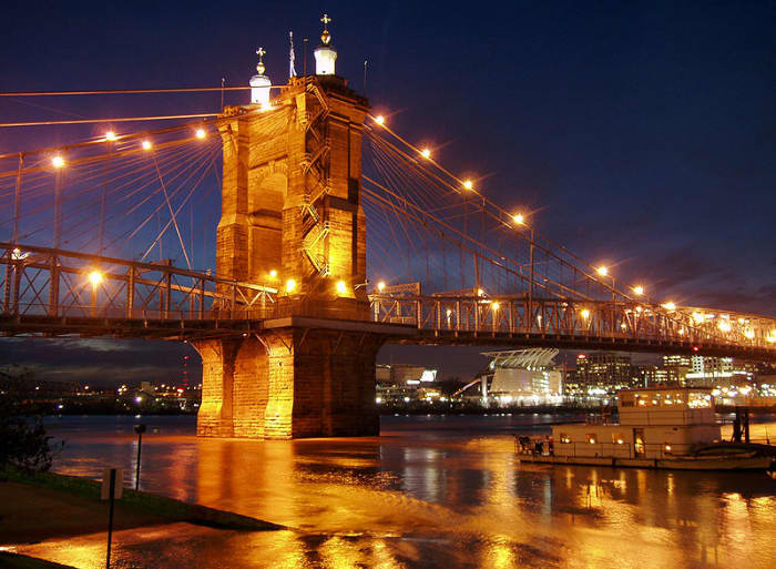 The Roebling Suspension Bridge crossed the Ohio River from Covington KY to Cincinnati OH.