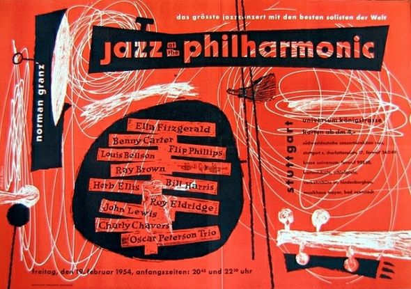Jazz At The Philharmonic Original Vintage Concert Poster First Printing Stuttgart, Germany February 19 1954, designed by Gunther Kieser