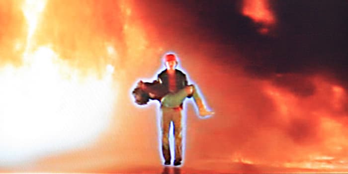 Some of the imagery has an almost messianic quality, though this scene of the Starman emerging intact from a blazing road crash (with Jenny in his arms) also has an uncanny resemblence to a scene in another movie of the same year - 'The Terminator'
