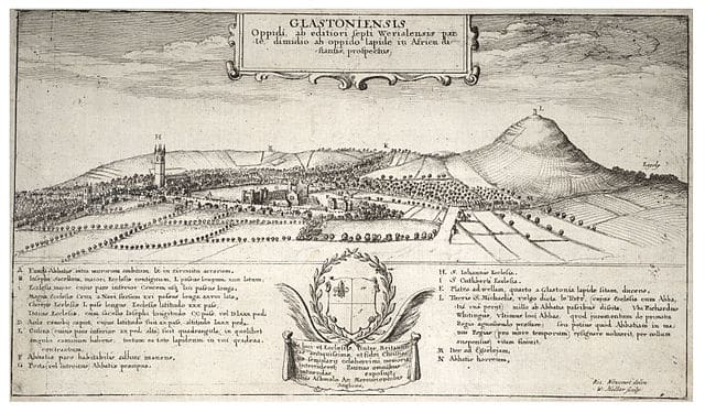 Early sketch of Glastonbury area, showing the Tor in the background. Sketch by Wenceslaus Hollar (1607 - 1677)