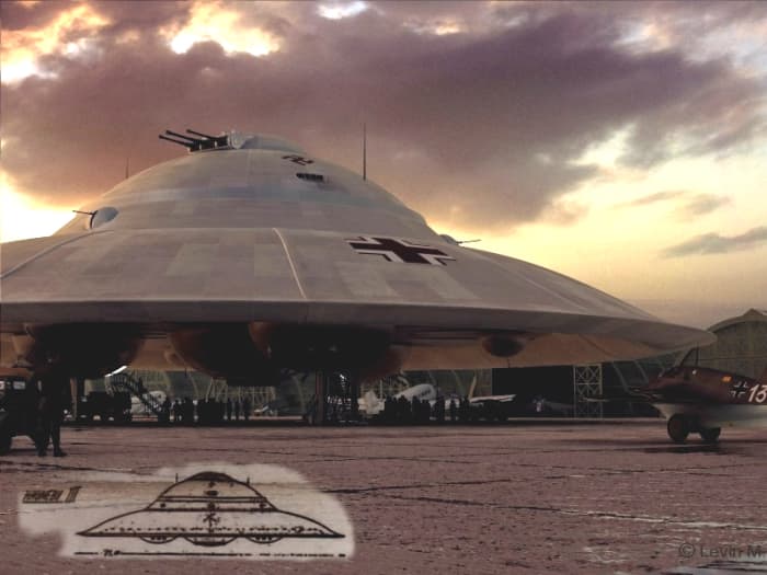 An actually photograph of the top secret round winged aircraft designed by the Nazis using Alien technology