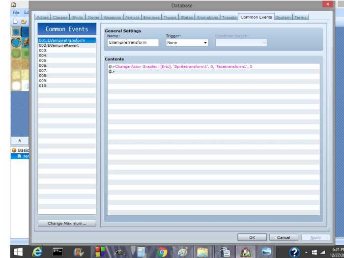 This is how your Event to change your Actor Graphic should relatively look.  Notice how the information proceeding Actor Graphic [Eric] has the same name as the Face Graphic and Spritesheet we imported earlier.
